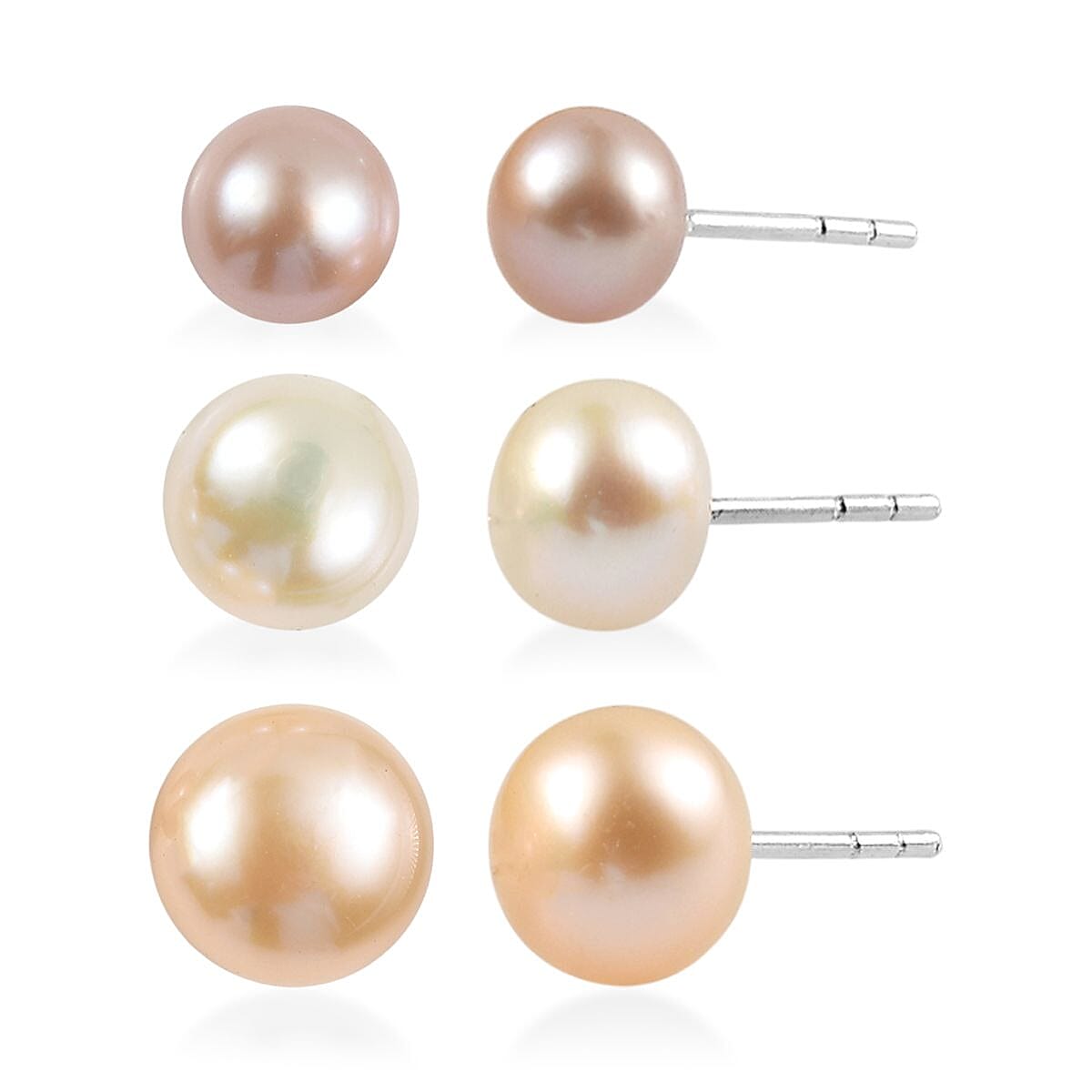 Set of 3 - Freshwater Peach White and Pink Pearl Stud Earrings in Sterling Silver