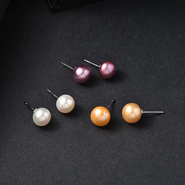 Set Of 3 - Golden And Purple Pearl (D) And Freshwater Pearl Stud Earrings In Stainless Steel