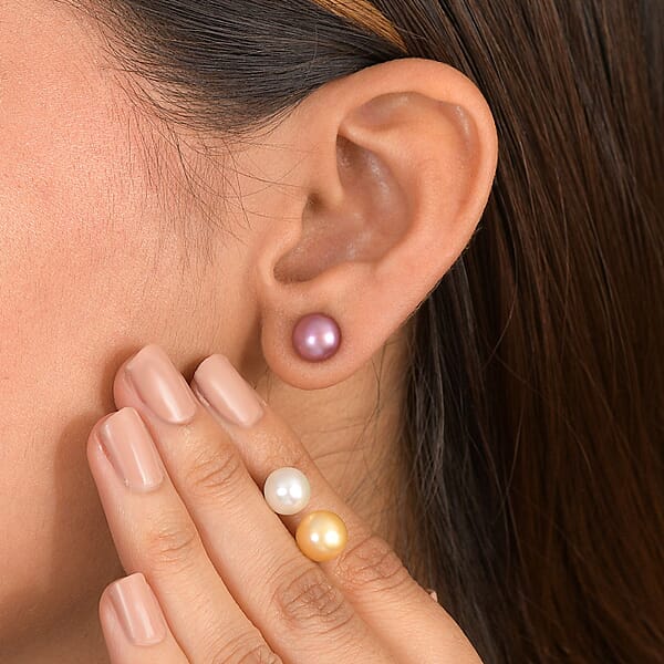 Set Of 3 - Golden And Purple Pearl (D) And Freshwater Pearl Stud Earrings In Stainless Steel