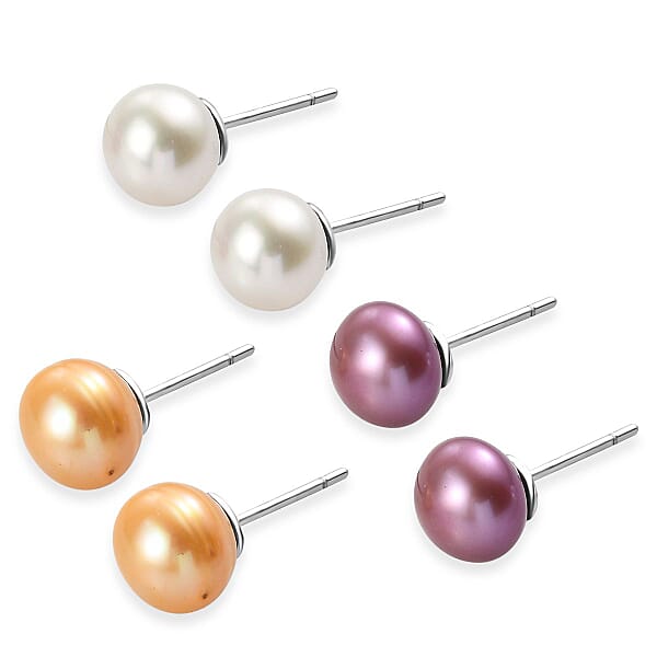 Set Of 3 - Golden And Purple Pearl (D) And Freshwater Pearl Stud Earrings In Stainless Steel