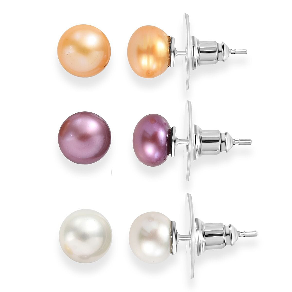 Set of 3 - Golden and Purple Pearl (D) and Freshwater Pearl Stud Earrings in Stainless Steel