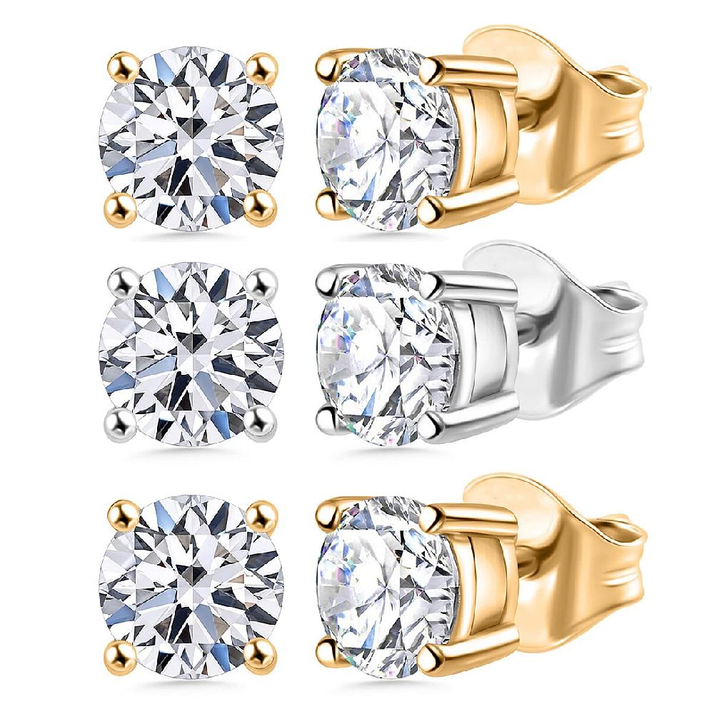 Set of 3 Luxuriant Lab Grown Diamond (G-H SI) Solitaire Stud Earrings in Vermeil YG and Platinum Over Sterling Silver 3.00 ctw (Del. In 10-12 Days)