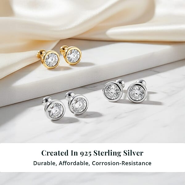 Set Of 3 - Luxuriant Lab Grown Diamond (G-H SI) Solitaire Stud Earrings In Rhodium And 18K Vermeil Yellow Gold Over Sterling Silver 1.50 Ctw (Del. In 10-12 Days)