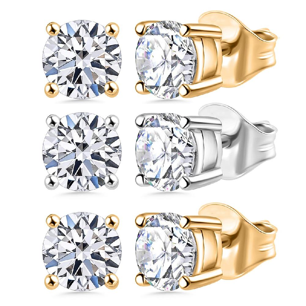 Set of 3 Luxuriant Lab Grown Diamond (G-H SI) Solitaire Stud Earrings in Vermeil YG and Platinum Over Sterling Silver 1.50 ctw (Del. In 10-12 Days)