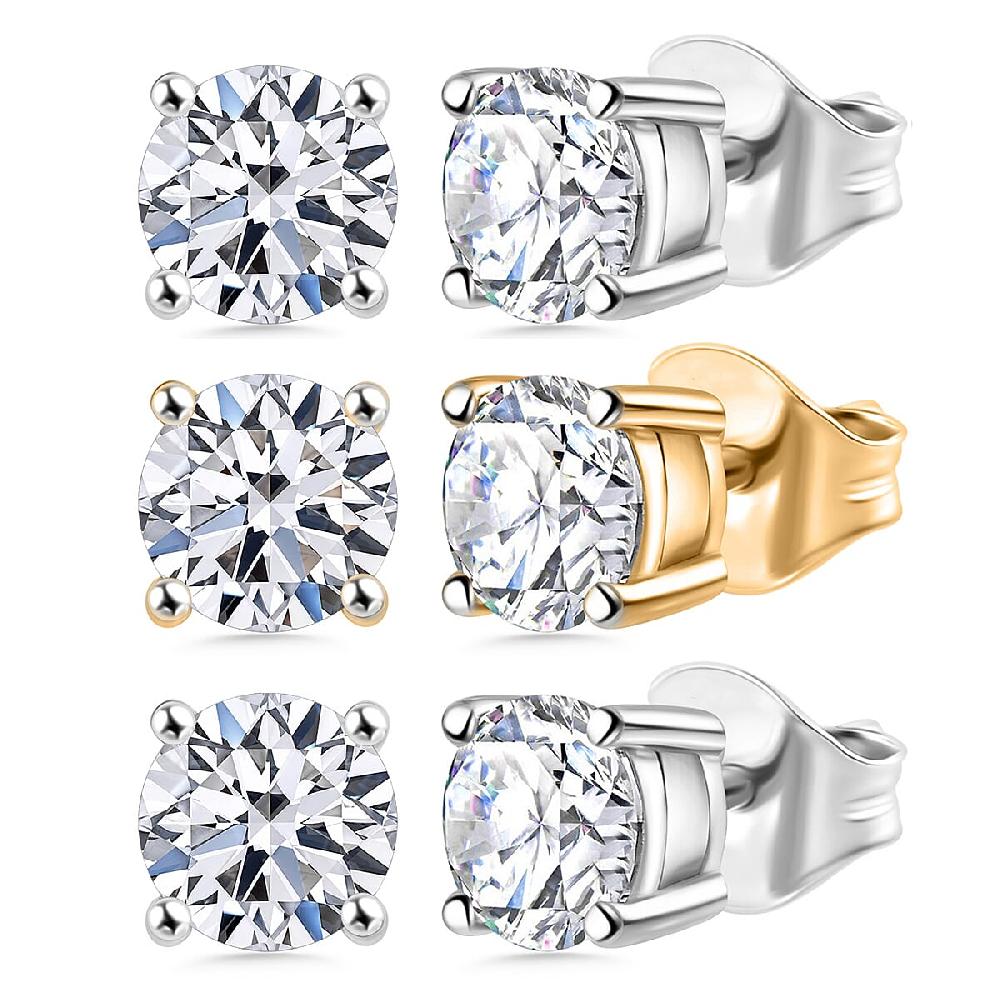Set of 3 Luxuriant Lab Grown Diamond (G-H SI) Solitaire Stud Earrings in Vermeil YG and Platinum Over Sterling Silver 1.50 ctw (Del. In 10-12 Days)