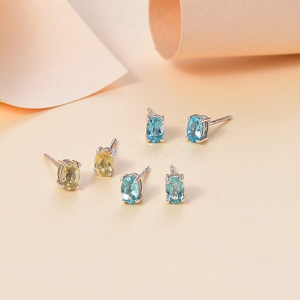 Set Of 3 Madagascar Lagoon And Yellow Apatite Betroka Blue Apatite 2.90 Ctw Solitaire Stud Earrings In Rhodium Over Sterling Silver