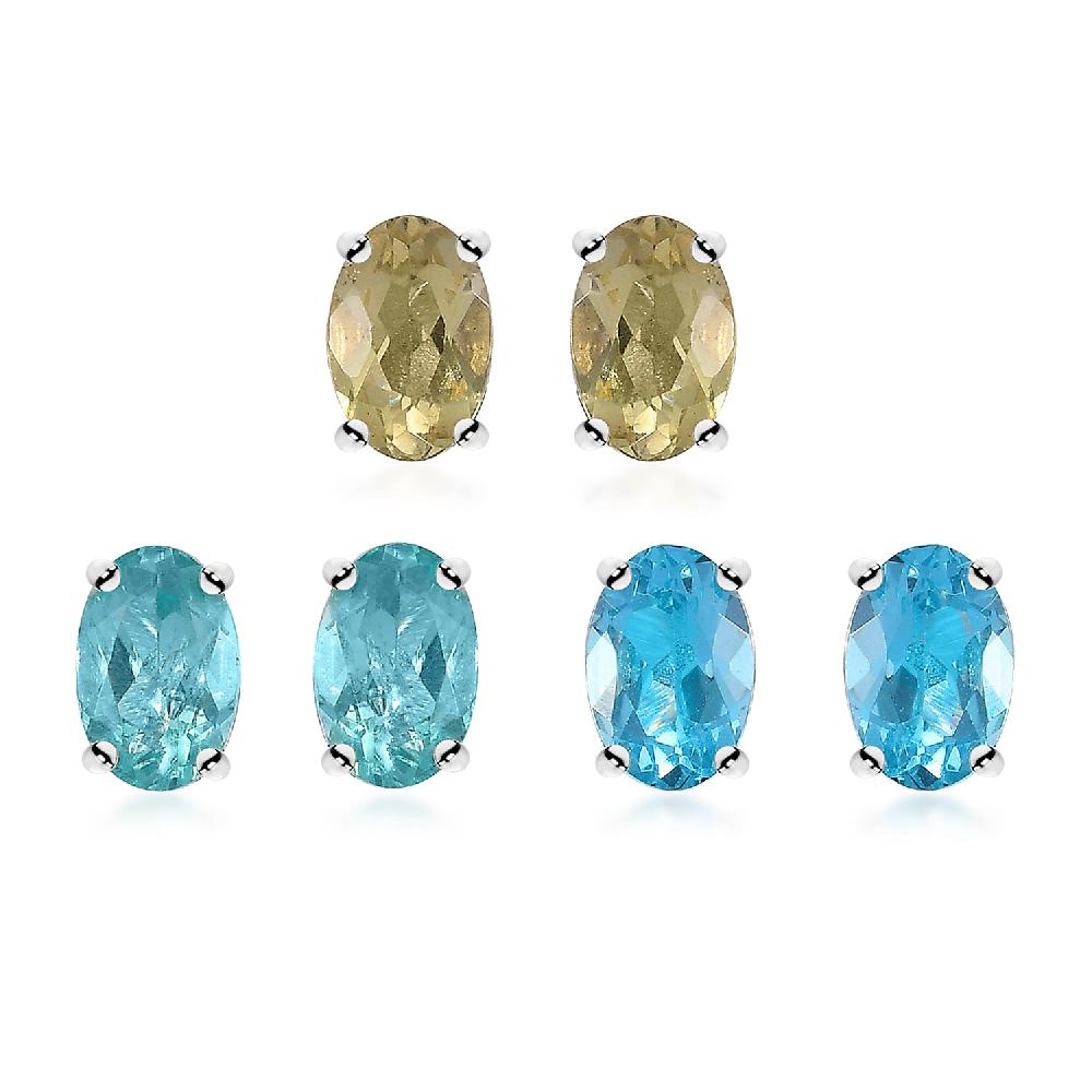 Set of 3 Madagascar Lagoon and Yellow Apatite Betroka Blue Apatite 2.90 ctw Solitaire Stud Earrings in Rhodium Over Sterling Silver