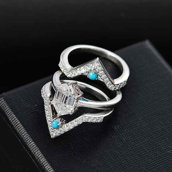 Set Of 3 Moissanite And Sleeping Beauty Turquoise 3.40 Ctw Stack Ring In Rhodium Over Sterling Silver