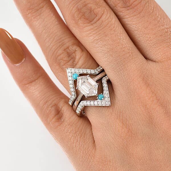 Set Of 3 Moissanite And Sleeping Beauty Turquoise 3.40 Ctw Stack Ring In Rhodium Over Sterling Silver