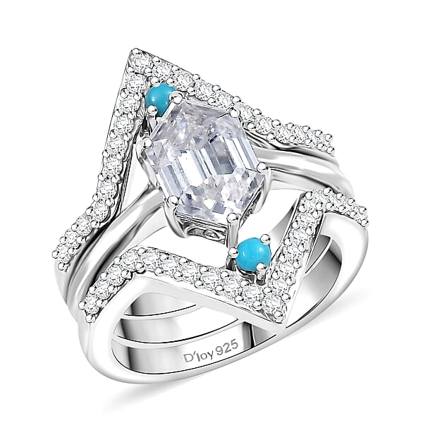 Set Of 3 Moissanite And Sleeping Beauty Turquoise 3.40 Ctw Stack Ring In Rhodium Over Sterling Silver
