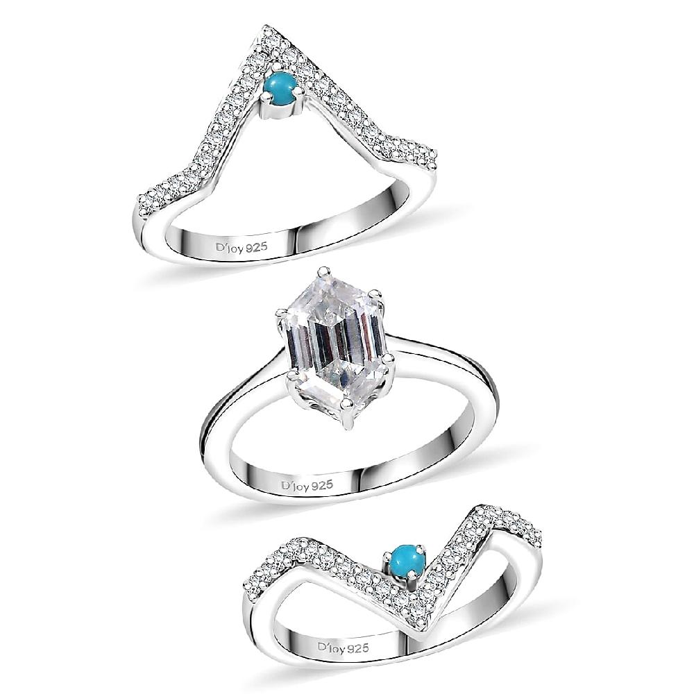 Set of 3 Moissanite and Sleeping Beauty Turquoise 3.40 ctw Stack Ring in Rhodium Over Sterling Silver
