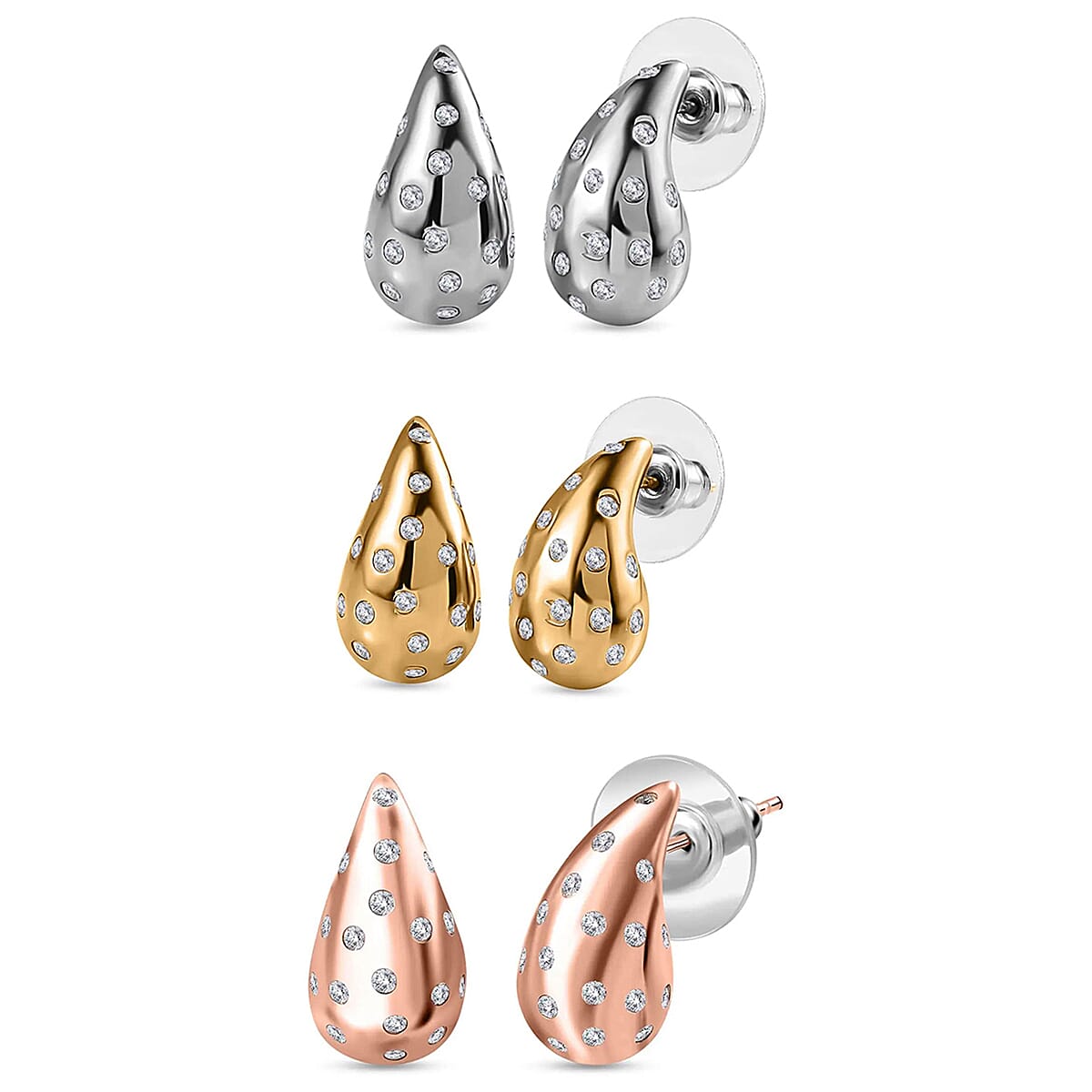 Set of 3 Moissanite Raindrop Tear Drop Statement Earrings in Vermeil Yellow Rose Gold and Platinum Over Sterling Silver 2.90 ctw