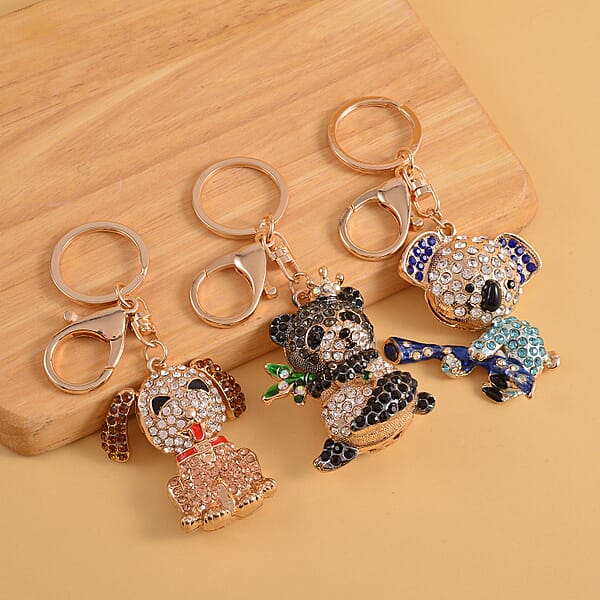 Set Of 3 Multi Color Austrian Crystal Enameled Elephant Cat And Tiger Keychain In Dualtone
