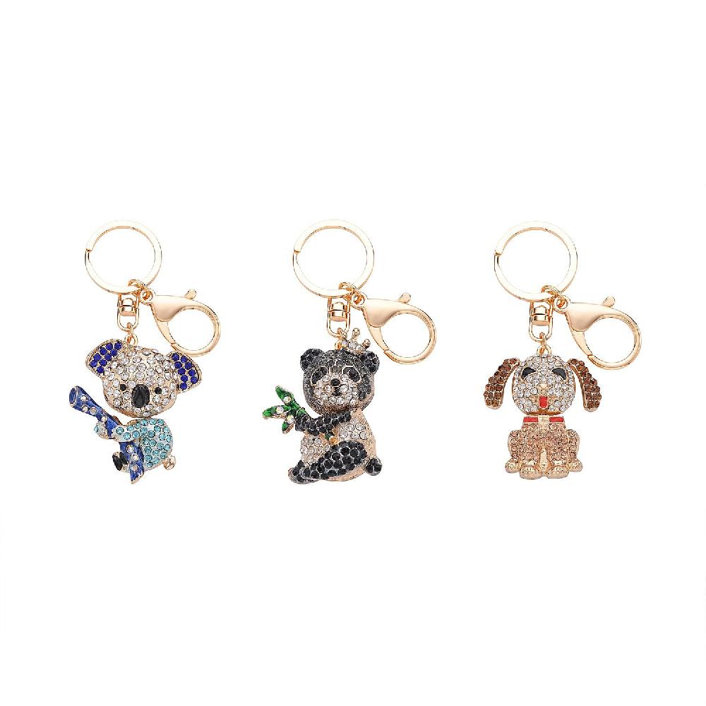 Set of 3 Multi Color Austrian Crystal Enameled Elephant Cat and Tiger Keychain in Dualtone