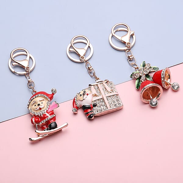 Set Of 3 Multi Color Austrian Crystal Enameled Skiing Santa Jingle Bells & Christmas Present Keychain In Rosetone