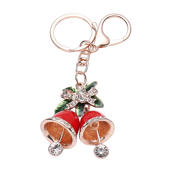 Set Of 3 Multi Color Austrian Crystal Enameled Skiing Santa Jingle Bells & Christmas Present Keychain In Rosetone
