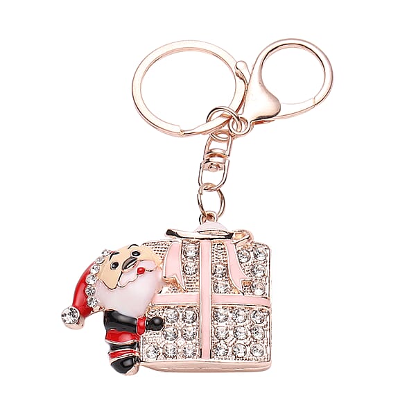 Set Of 3 Multi Color Austrian Crystal Enameled Skiing Santa Jingle Bells & Christmas Present Keychain In Rosetone