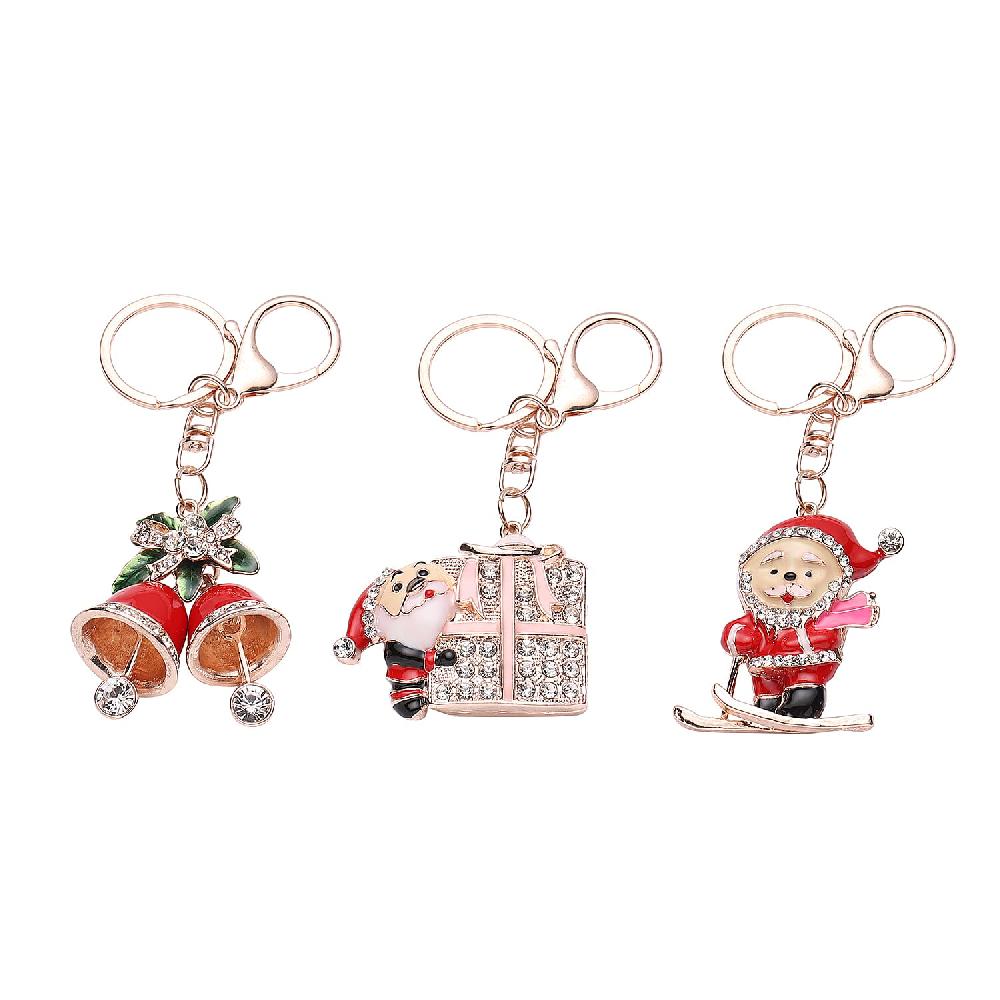 Set of 3 Multi Color Austrian Crystal Enameled Skiing Santa Jingle Bells & Christmas Present Keychain in Rosetone