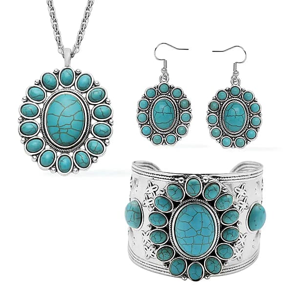 Set Of 3 Multi Color Howlite Floral Cuff Bracelet (7.50-8.50 In) Earrings And Pendant Necklace (26-30 Inches) Jewelry Set In Silvertone 470.00 Ctw