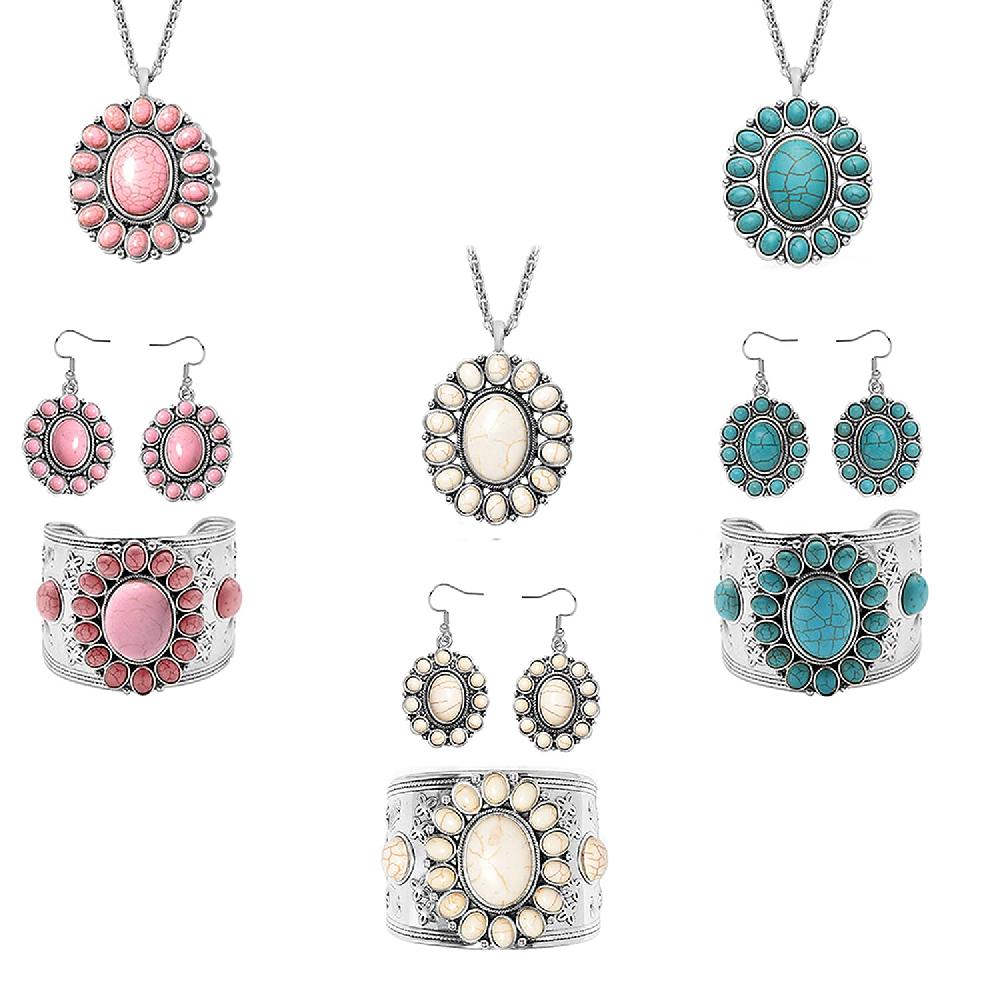 Set of 3 Multi Color Howlite Floral Cuff Bracelet (7.50-8.50 In) Earrings and Pendant Necklace (26-30 Inches) Jewelry Set in Silvertone 470.00 ctw