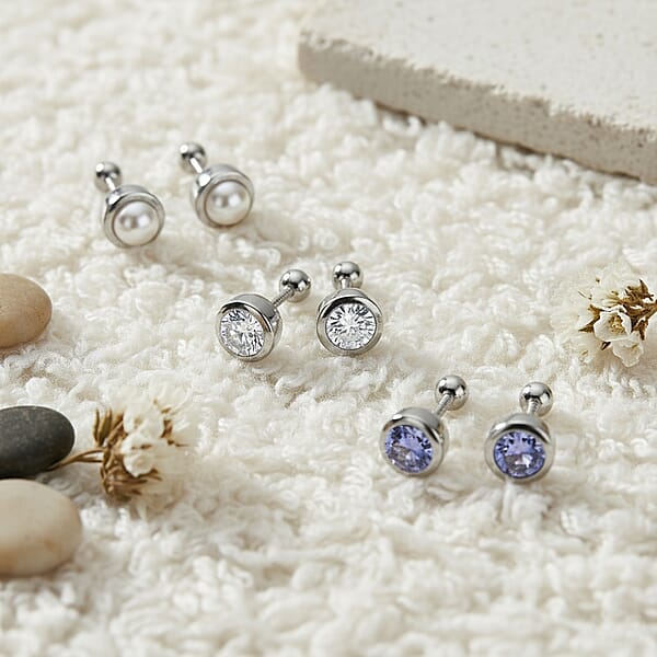 Set Of 3 Poke Free Tanzanite Freshwater Pearl Luxuriant Lab Grown Diamond Stud Earrings In Rhodium Over Sterling Silver 1.00 Ctw