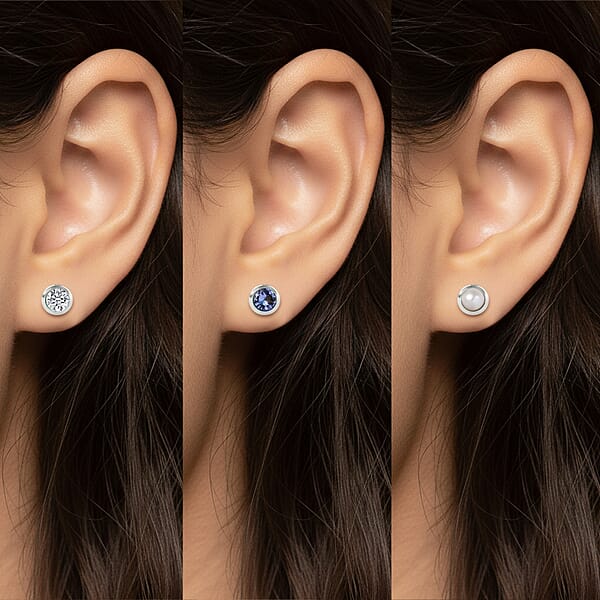 Set Of 3 Poke Free Tanzanite Freshwater Pearl Luxuriant Lab Grown Diamond Stud Earrings In Rhodium Over Sterling Silver 1.00 Ctw