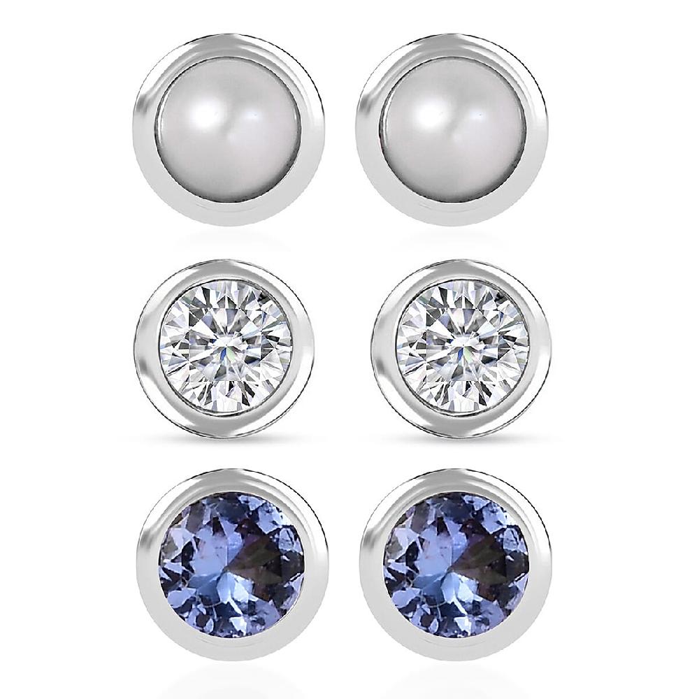 Set of 3 Poke Free Tanzanite Freshwater Pearl Luxuriant Lab Grown Diamond Stud Earrings in Rhodium Over Sterling Silver 1.00 ctw