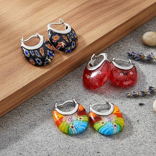 Set Of 3 Red Black And Multi Color Murano Style Basket Earrings In Stainless Steel With Lifetime Guarantee