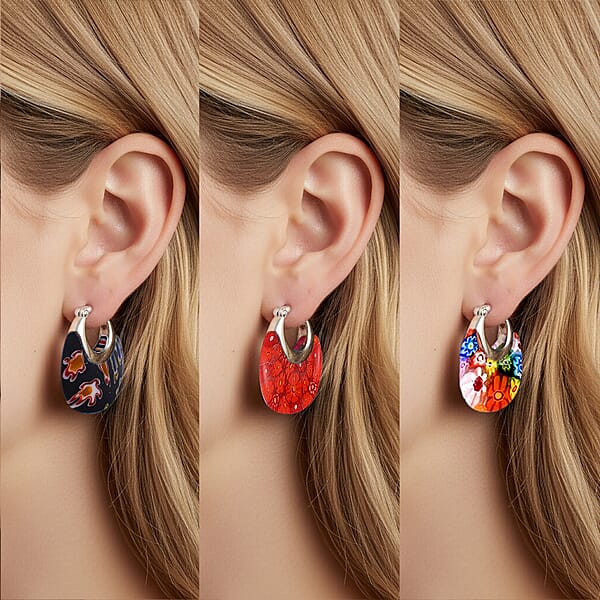 Set Of 3 Red Black And Multi Color Murano Style Basket Earrings In Stainless Steel With Lifetime Guarantee