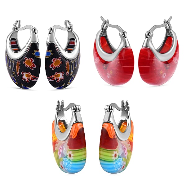 Set Of 3 Red Black And Multi Color Murano Style Basket Earrings In Stainless Steel With Lifetime Guarantee