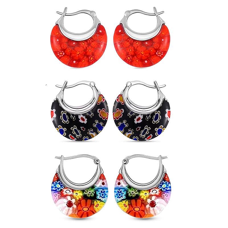 Set of 3 Red Black and Multi Color Murano Style Basket Earrings in Stainless Steel with Lifetime Guarantee
