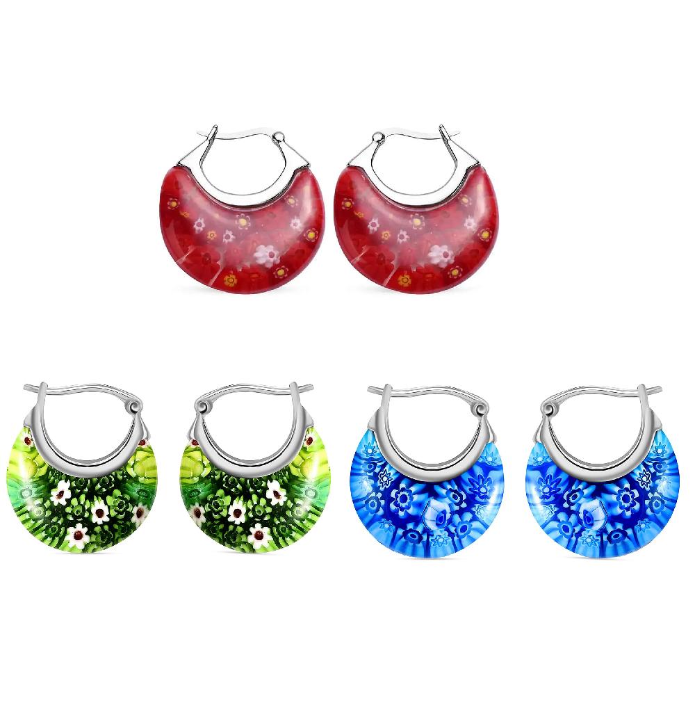 Set of 3 Red Green and Blue Murano Style Basket Earrings in Stainless Steel (Del. In 10-12 Days)