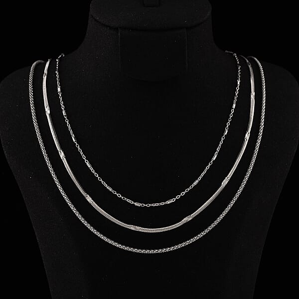 Set Of 3 Snake Link And Twisted Rope Chain Necklace In Stainless Steel 20-22 Inches