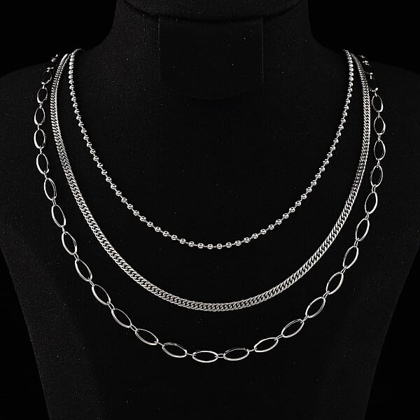 Set Of 3 Wave Cloud And Beaded Texture Necklace In Stainless Steel 20-22 Inches