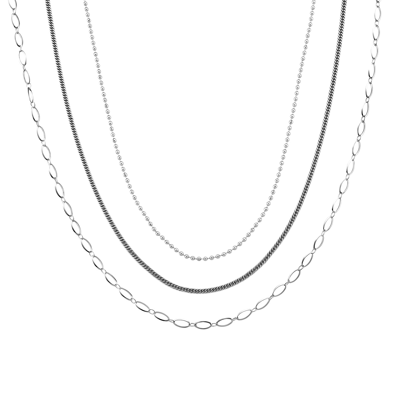 Set of 3 Wave Cloud and Beaded Texture Necklace in Stainless Steel 20-22 Inches