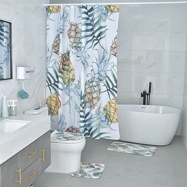 Set Of 4 Green Pineapple Pattern Bathroom 100% Polyester Shower Curtain Floor Mat Toilet Cover Toilet Mat
