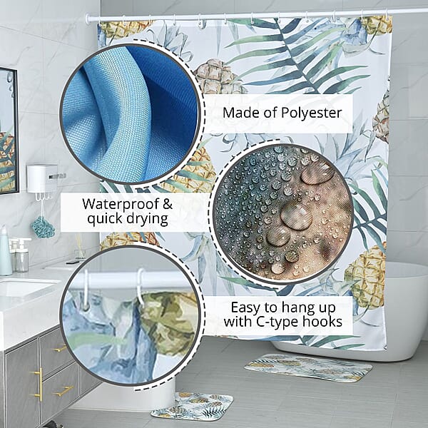 Set Of 4 Green Pineapple Pattern Bathroom 100% Polyester Shower Curtain Floor Mat Toilet Cover Toilet Mat