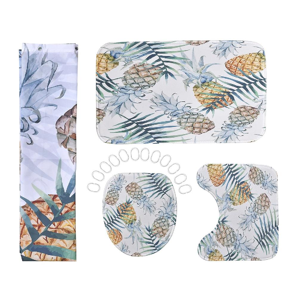 Set Of 4 Green Pineapple Pattern Bathroom 100% Polyester Shower Curtain Floor Mat Toilet Cover Toilet Mat