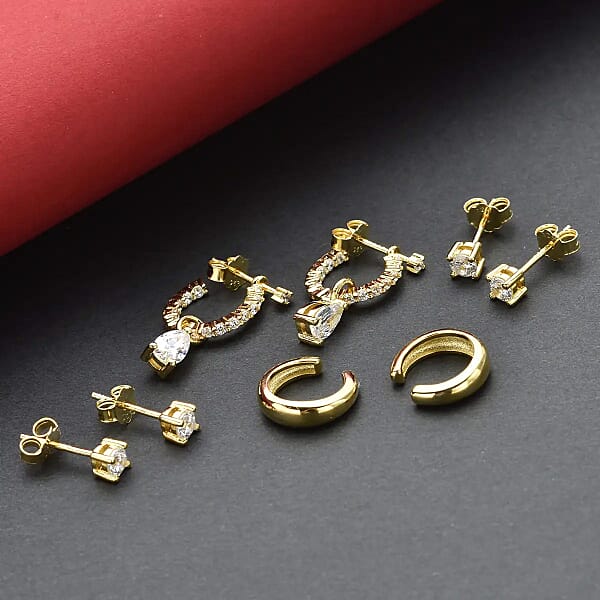 Set Of 4 Simulated Diamond 2.85 Ctw Earrings Huggie Hoop Earrings With Tear Drop Interchangeable Charms Plain Ear Cuffs Stud Earrings For Women In 14K YG Over Sterling Silver