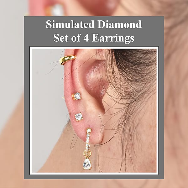 Set Of 4 Simulated Diamond 2.85 Ctw Earrings Huggie Hoop Earrings With Tear Drop Interchangeable Charms Plain Ear Cuffs Stud Earrings For Women In 14K YG Over Sterling Silver