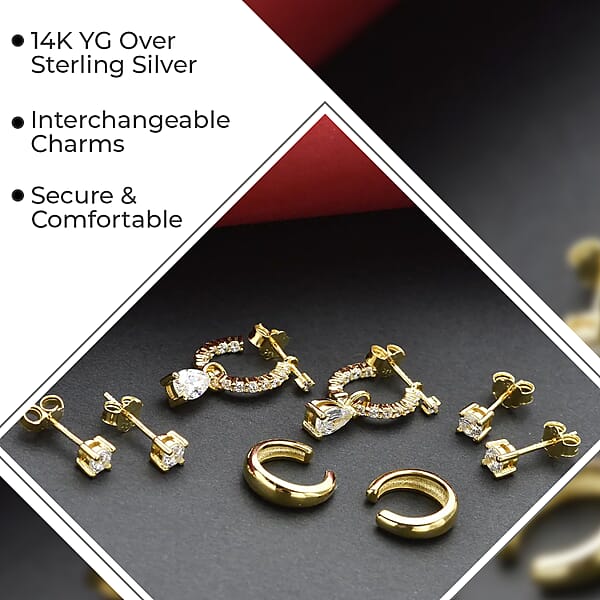 Set Of 4 Simulated Diamond 2.85 Ctw Earrings Huggie Hoop Earrings With Tear Drop Interchangeable Charms Plain Ear Cuffs Stud Earrings For Women In 14K YG Over Sterling Silver