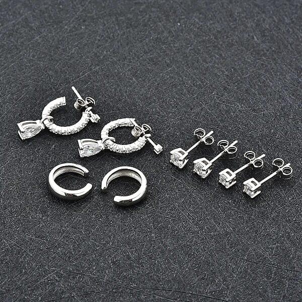Set Of 4 Simulated Diamond 2.85 Ctw Earrings Huggie Hoop Earrings With Tear Drop Interchangeable Charms Plain Ear Cuffs Stud Earrings For Women In Rhodium Over Sterling Silver