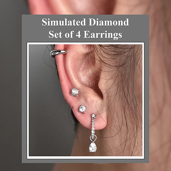 Set Of 4 Simulated Diamond 2.85 Ctw Earrings Huggie Hoop Earrings With Tear Drop Interchangeable Charms Plain Ear Cuffs Stud Earrings For Women In Rhodium Over Sterling Silver
