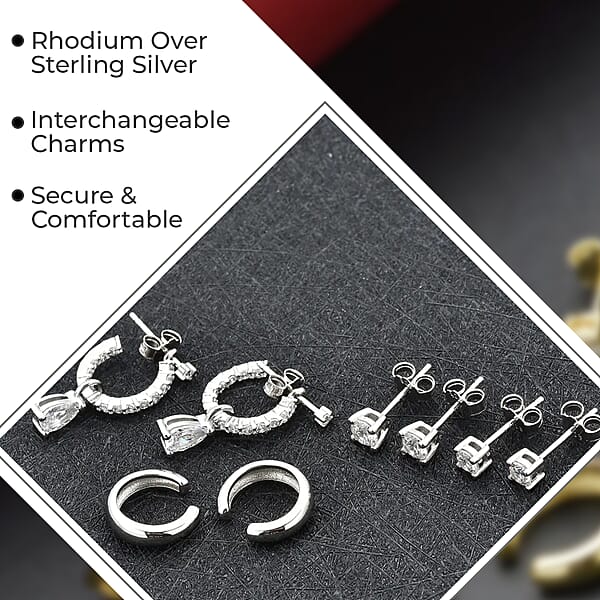 Set Of 4 Simulated Diamond 2.85 Ctw Earrings Huggie Hoop Earrings With Tear Drop Interchangeable Charms Plain Ear Cuffs Stud Earrings For Women In Rhodium Over Sterling Silver