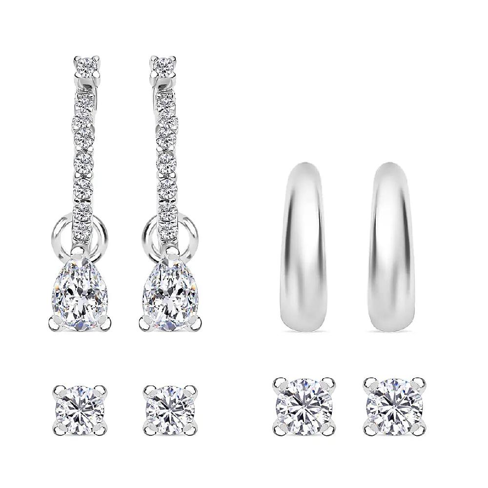 Set of 4 Simulated Diamond 2.85 ctw Earrings Huggie Hoop Earrings with Tear Drop Interchangeable Charms Plain Ear Cuffs Stud Earrings For Women in Rhodium Over Sterling Silver