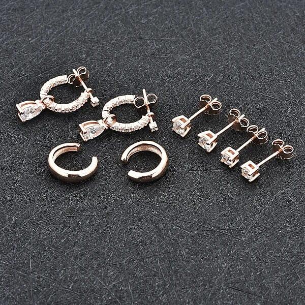Set Of 4 Simulated Diamond 2.85 Ctw Earrings Huggie Hoop Earrings With Tear Drop Interchangeable Charms Plain Ear Cuffs Stud Earrings For Women In 14K RG Over Sterling Silver