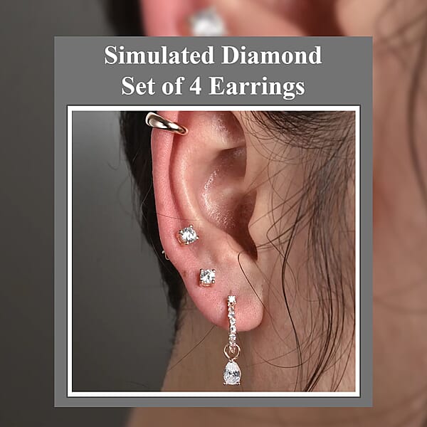 Set Of 4 Simulated Diamond 2.85 Ctw Earrings Huggie Hoop Earrings With Tear Drop Interchangeable Charms Plain Ear Cuffs Stud Earrings For Women In 14K RG Over Sterling Silver