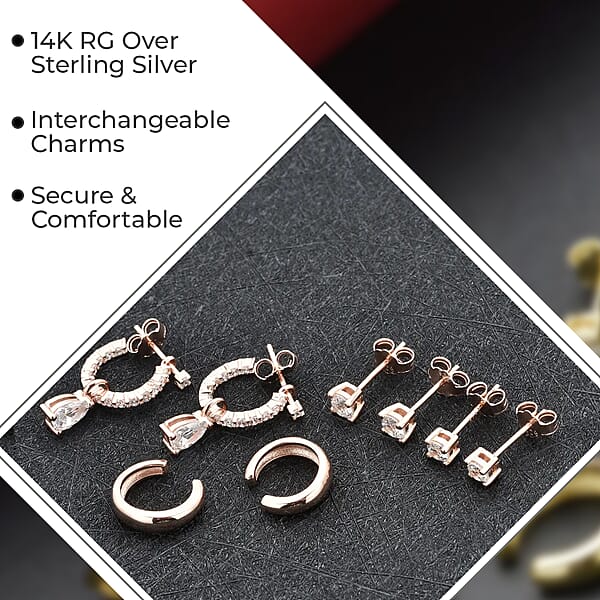 Set Of 4 Simulated Diamond 2.85 Ctw Earrings Huggie Hoop Earrings With Tear Drop Interchangeable Charms Plain Ear Cuffs Stud Earrings For Women In 14K RG Over Sterling Silver