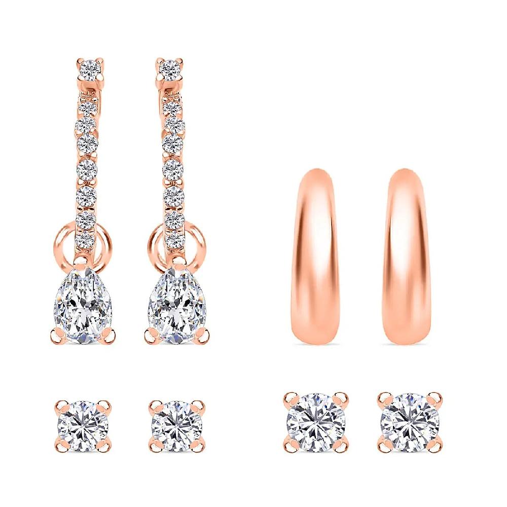 Set of 4 Simulated Diamond 2.85 ctw Earrings Huggie Hoop Earrings with Tear Drop Interchangeable Charms Plain Ear Cuffs Stud Earrings For Women in 14K RG Over Sterling Silver