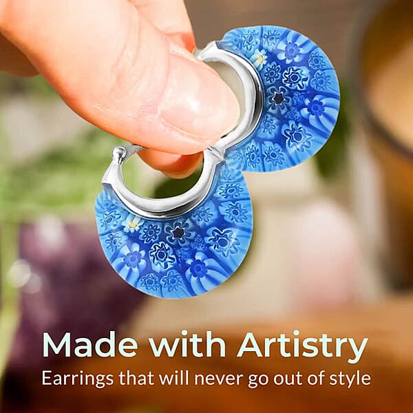Set Of 5 Blue Murano Style Basket Earrings In Stainless Steel